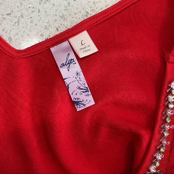 FRANCESCA’S Red Peplum Top w/ Rhinestone Detail- size L - Picture 6 of 7